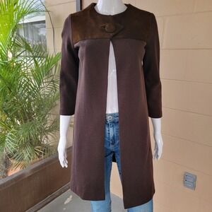 Vintage 70s Brown Coat Wool-Blend Suede Details Trench Women's XS Retro Academic